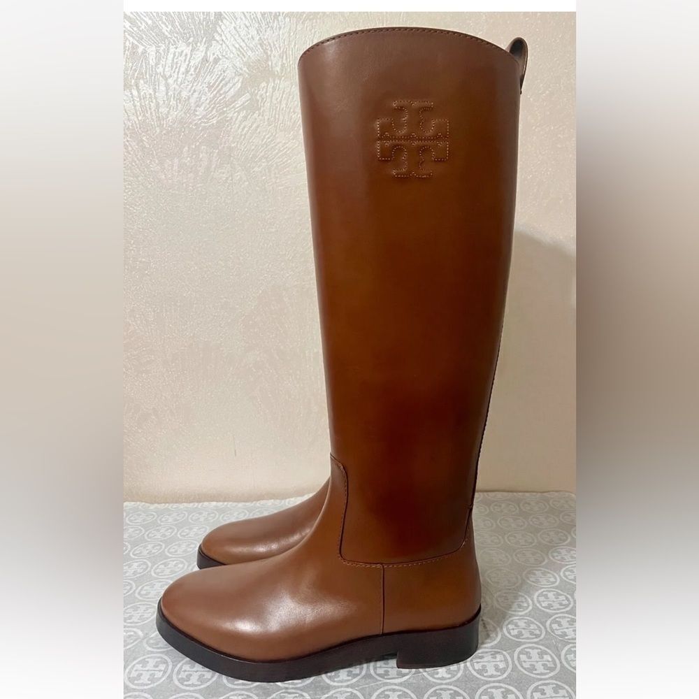 NWT Tory Burch soft leather tall riding boots with logo stitch accent at collar - Picture 8 of 11